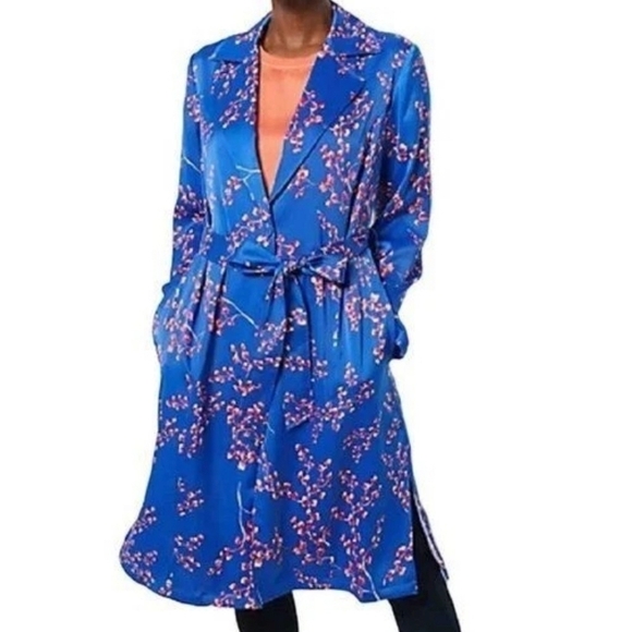 J Jason Wu Women's Woven Printed Lightweight Satin Floral Trench, Blue & Pink - Picture 3 of 14